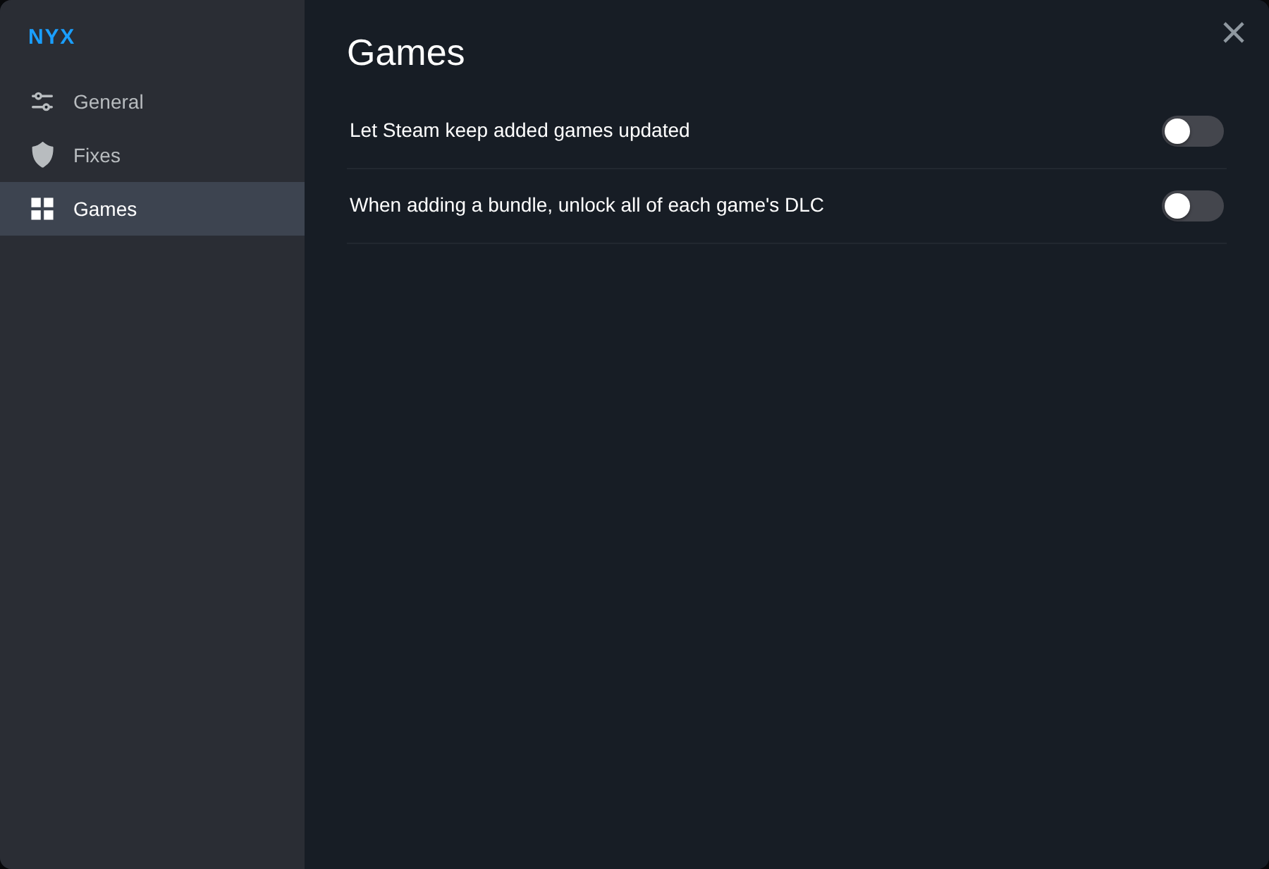 Nyx settings, Games page