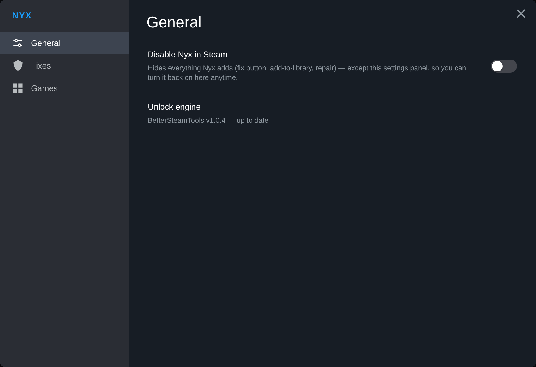 Nyx settings, General page: the disable switch and unlock engine status